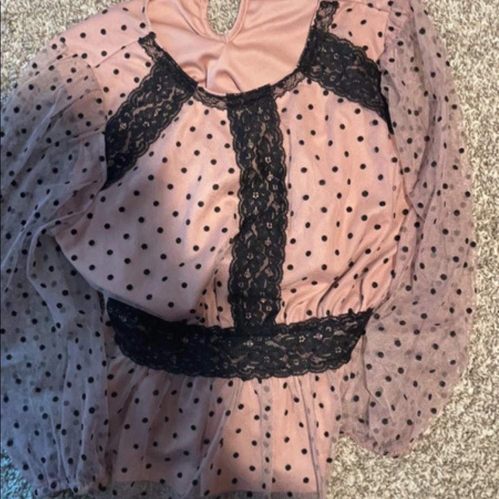 Pink and black polkadot blouse